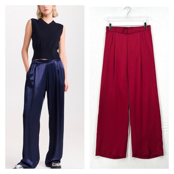 ENZA COSTA Pleated Satin Pants Womens Medium Crimson Red Pull On Wide Leg NEW - Picture 1 of 16